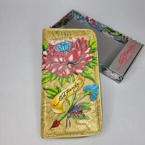 Ed Hardy Yellow Floral Buttterfly Diamond Zip Around Wallet Vintage Y2K 2000's